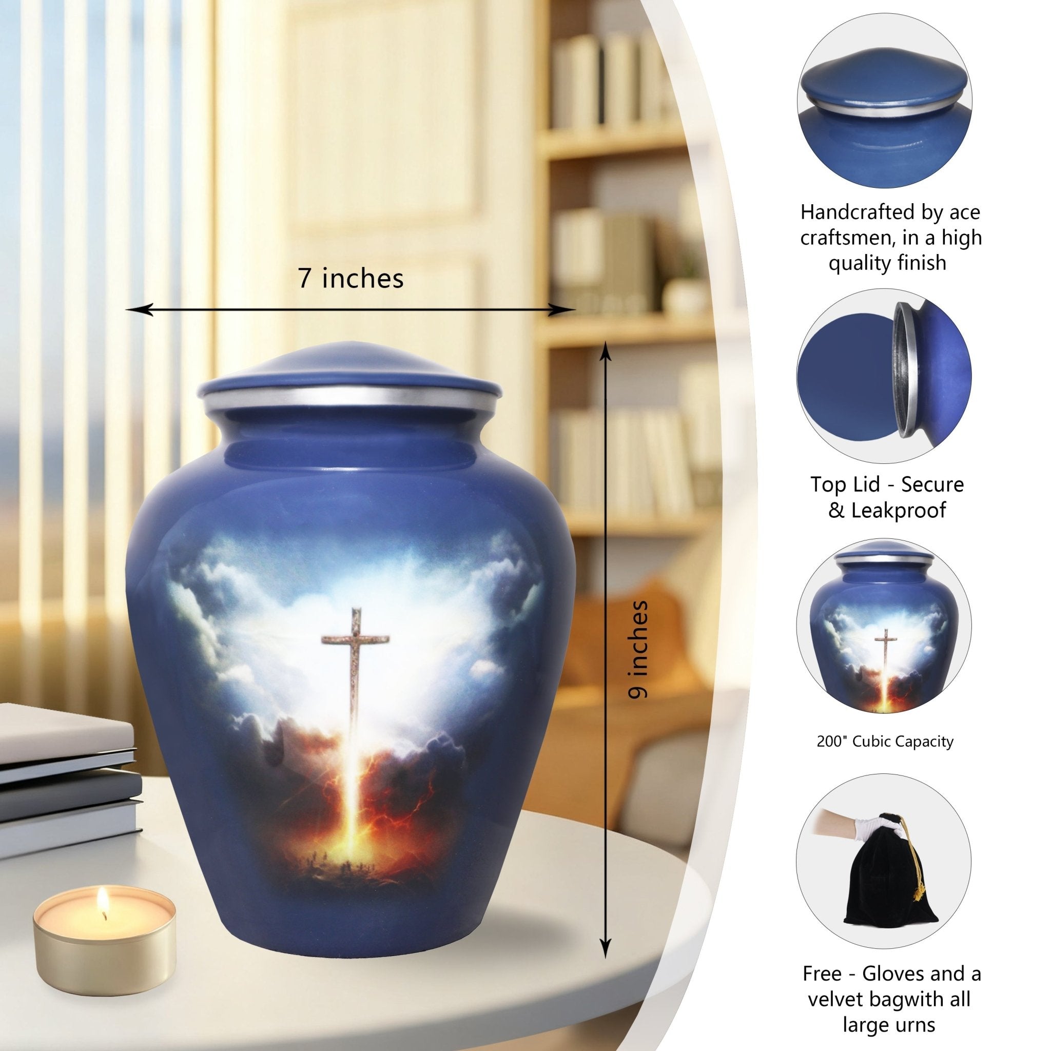 Full-size grey blue urn for human ashes with Cross of Life artwork, 200 cu in capacity, threaded top lid and size guide