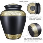 Onyx black gold filigree aluminum cremation containers for ashes, secure threaded lid to protect dear father’s remains