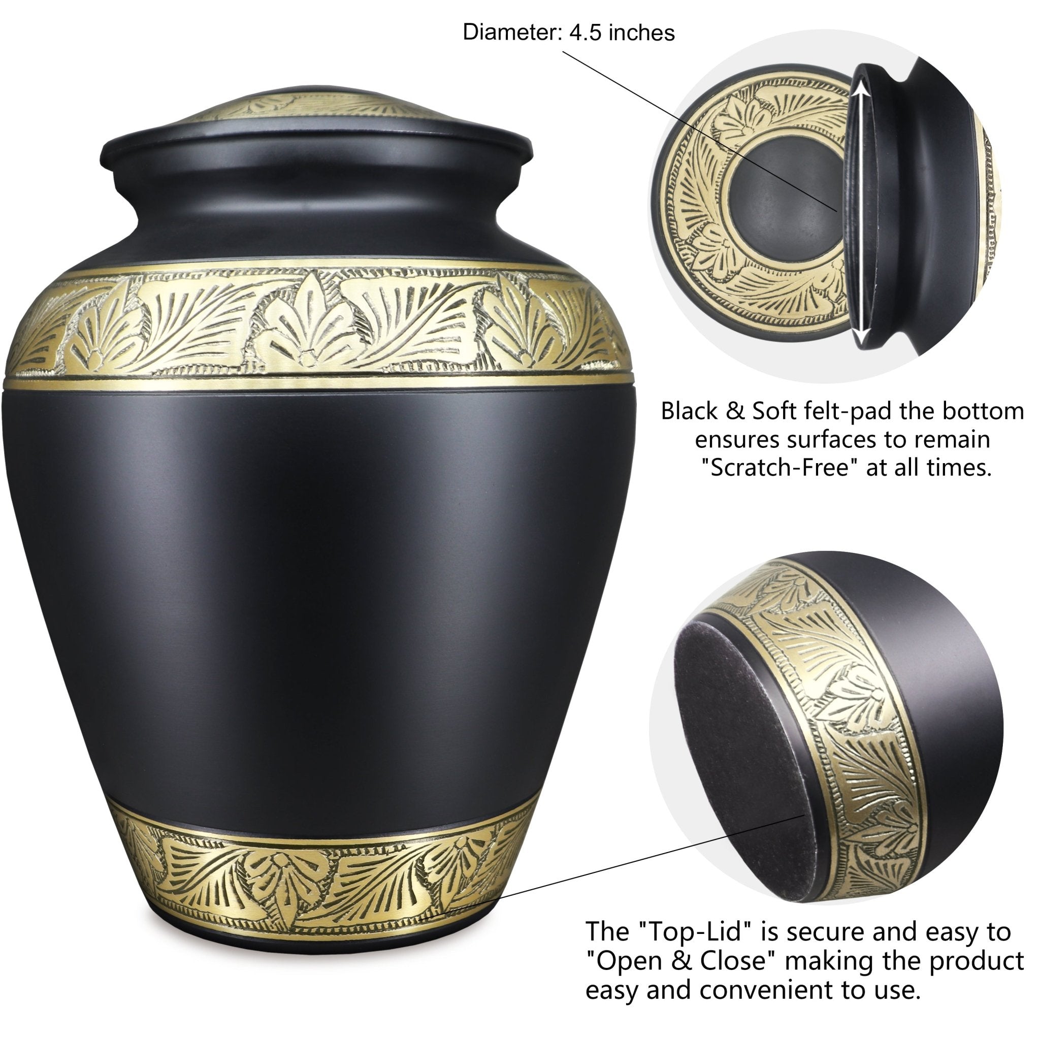 Onyx black gold filigree aluminum cremation containers for ashes, secure threaded lid to protect dear father’s remains