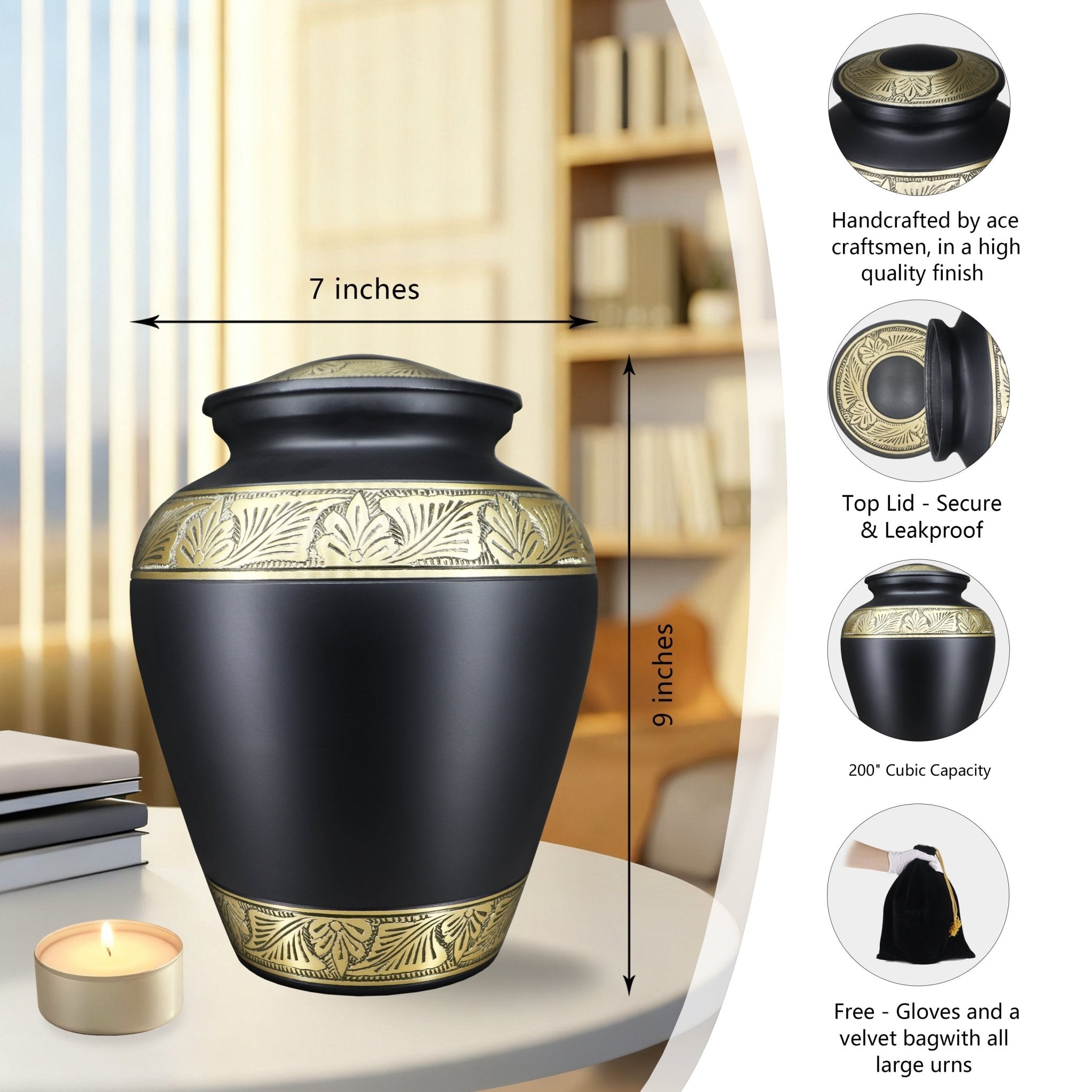Refined black detailed gold etched trim aluminum urns for cremation ashes, full size set honoring beloved mother
