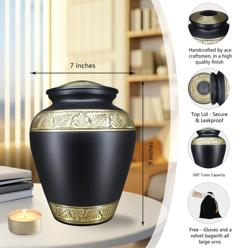 Full-size black urn for human ashes with 200 cu in capacity, gold engraved trim, threaded top lid and size guide